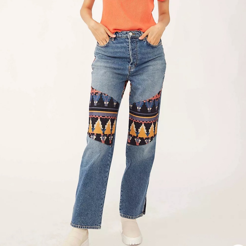 We the Free Rocky Mountain straight leg jeans Aztec southwestern patches 24
